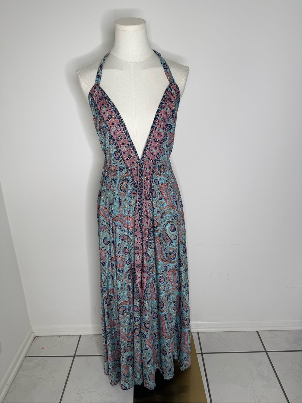 Bohemian Halter Maxi Dress in Teal and Pink Paisley